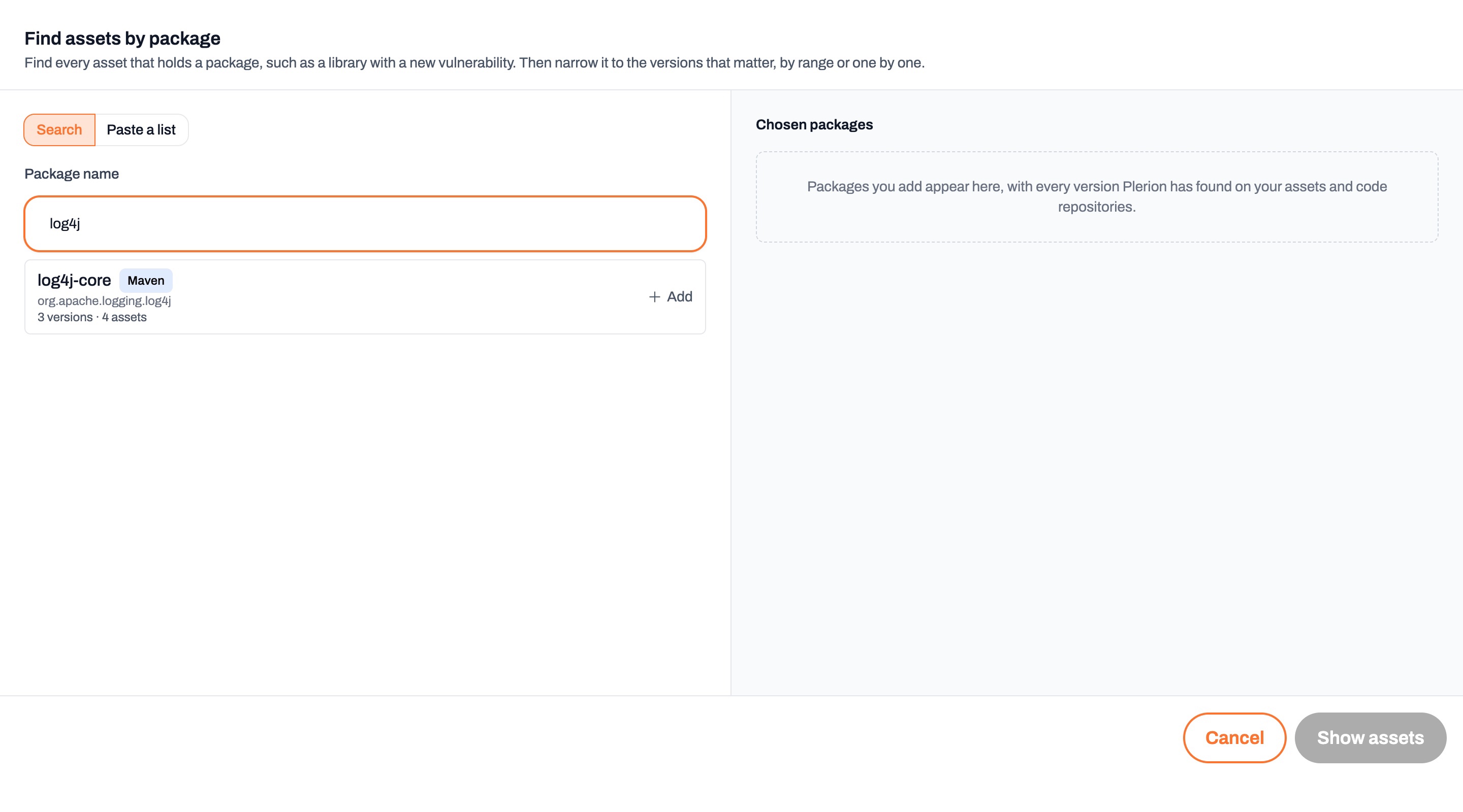 Find assets by package picker with log4j typed in Package name and the log4j-core Maven package listed with 3 versions on 4 assets