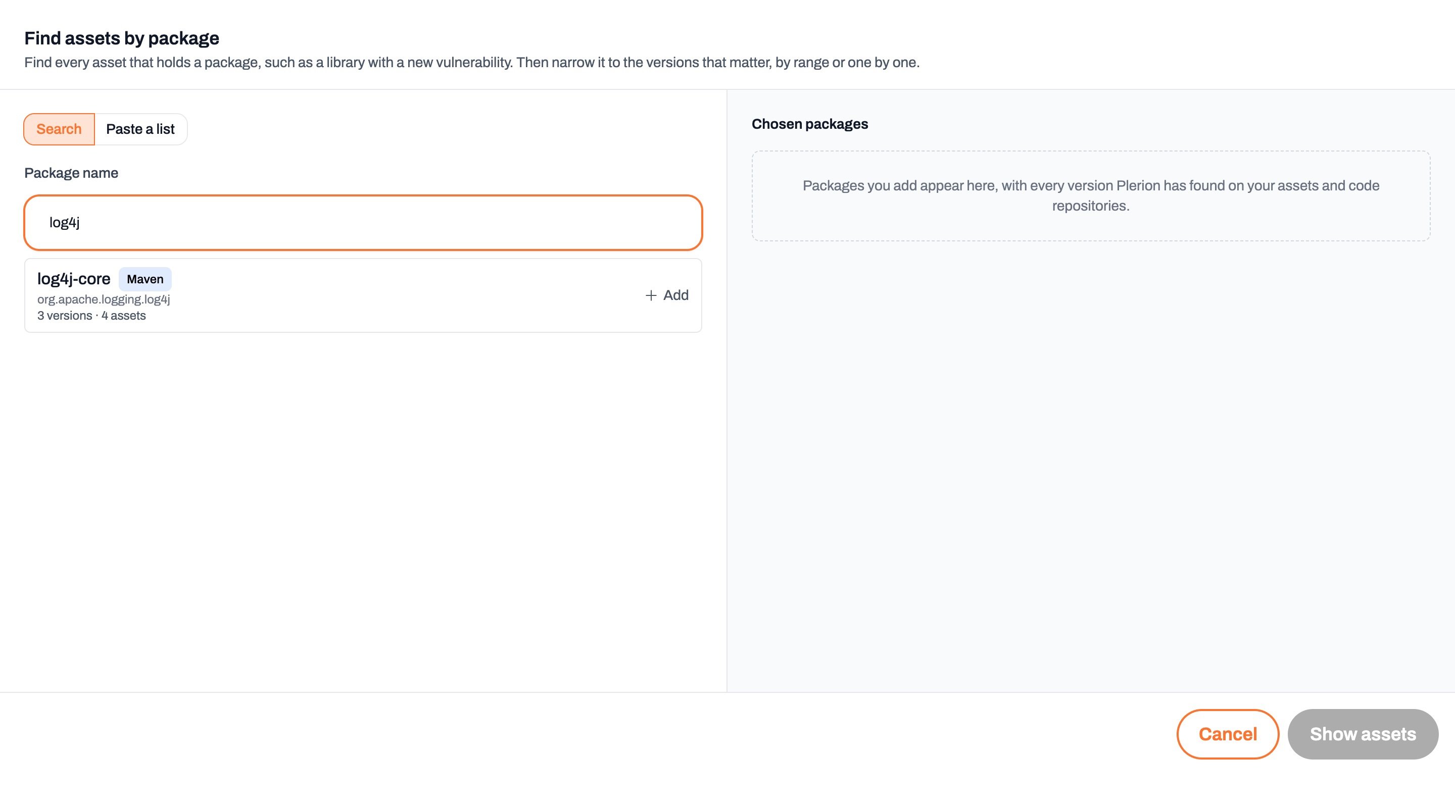 Find assets by package picker with log4j typed in Package name and the log4j-core Maven package listed with 3 versions on 4 assets