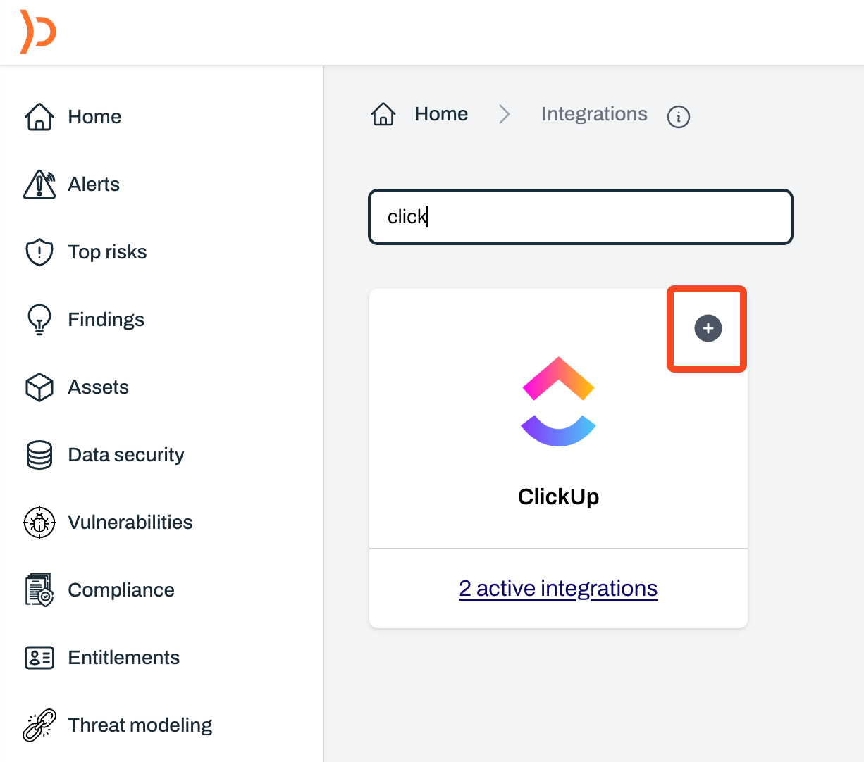 Integrations page with ClickUp option and plus button to add integration