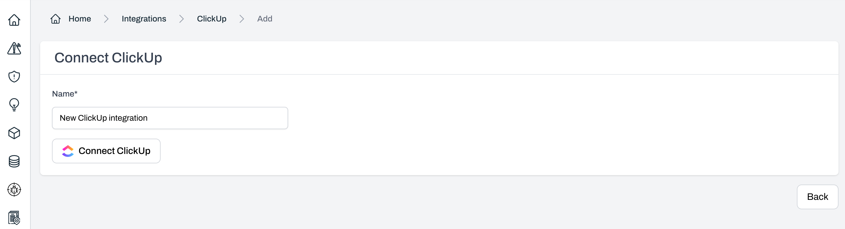 Connect ClickUp page showing fields for integration name and Connect ClickUp button