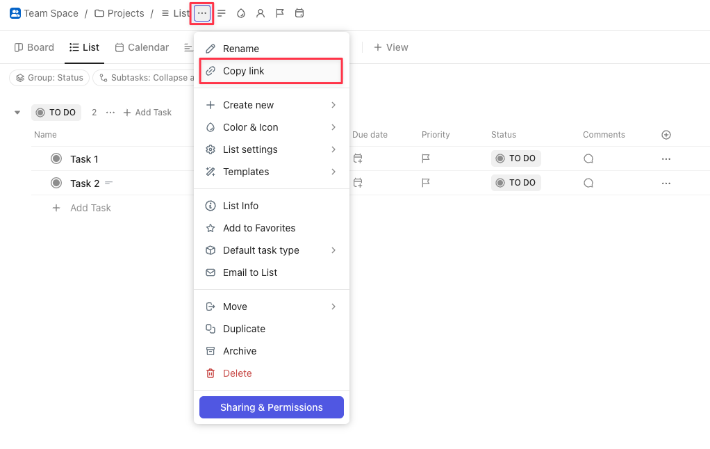 ClickUp app list menu with Copy link option highlighted