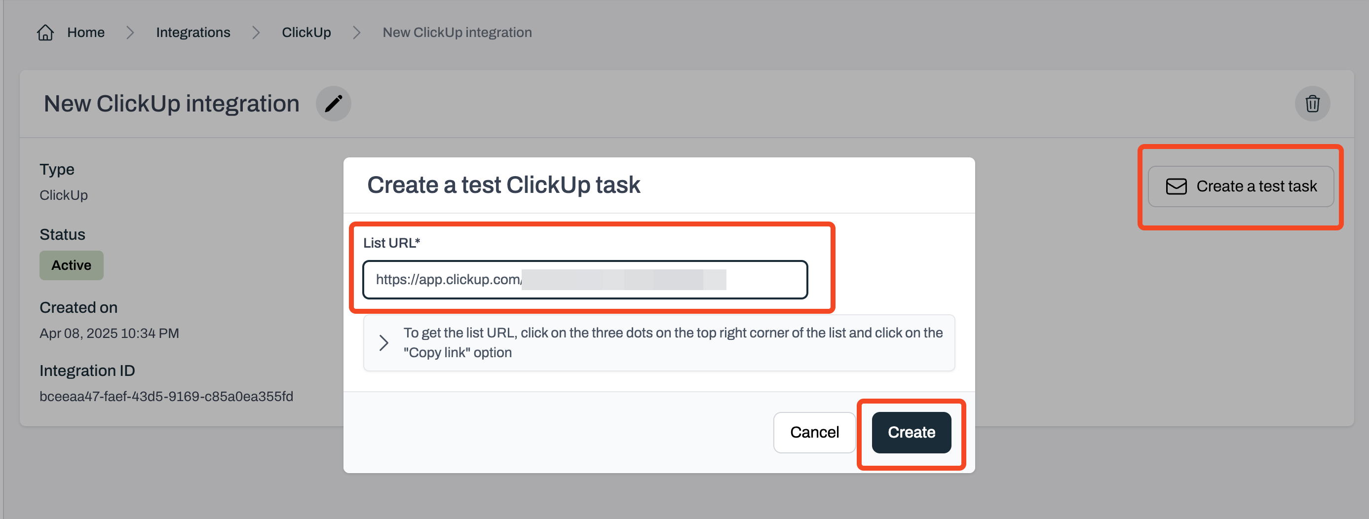 Plerion platform showing test task creation for ClickUp