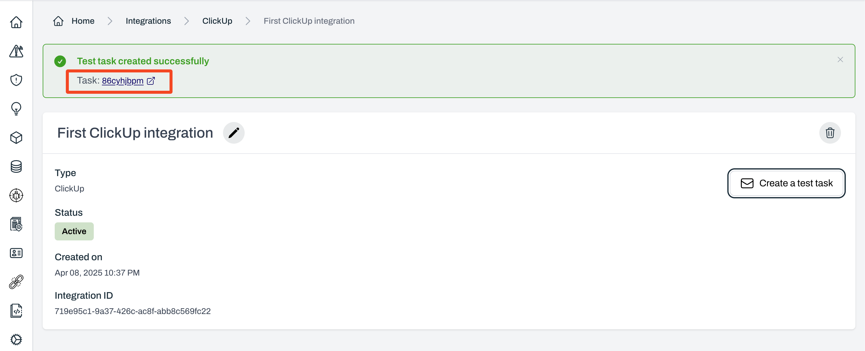 Confirmation message on Plerion with link to created ClickUp task