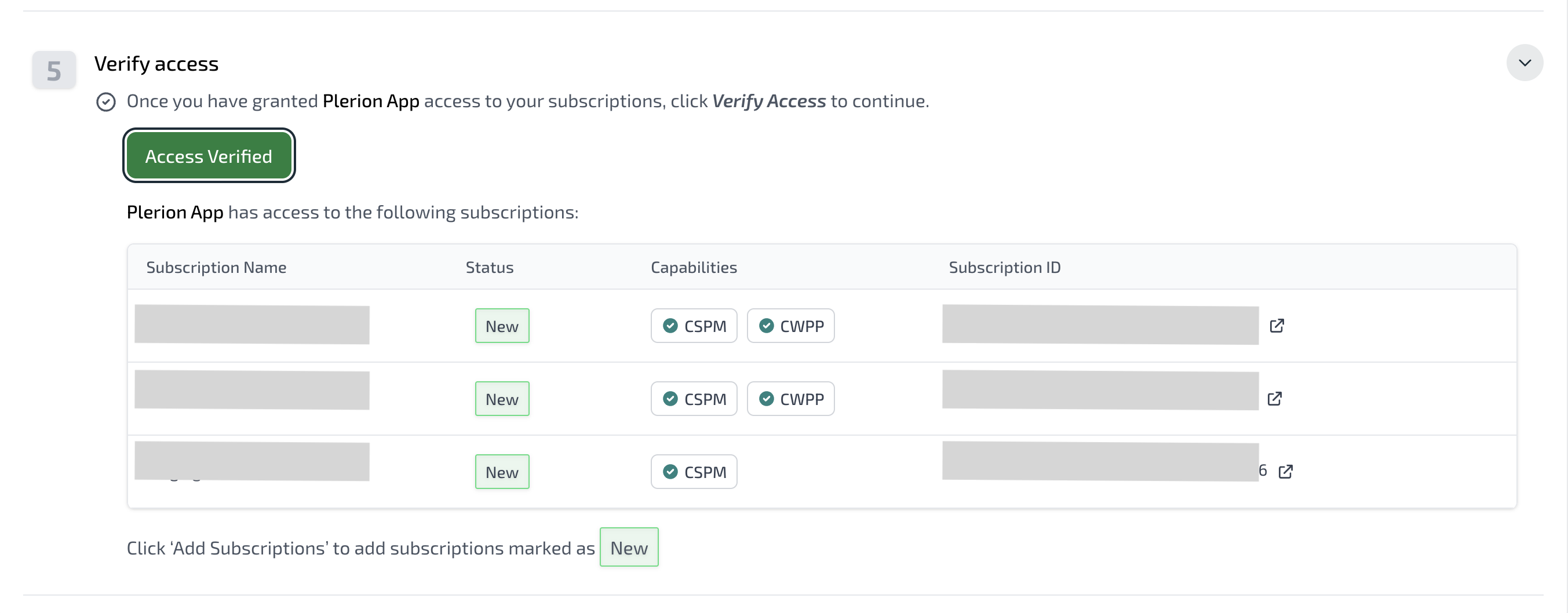 Verification screen showing Azure subscriptions added successfully