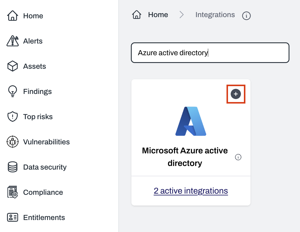 Integrations page with Azure Active Directory option and plus button to add integration