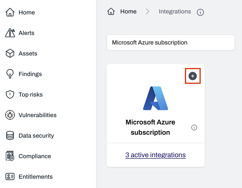 Integrations page with Azure subscription option and plus button to add integration