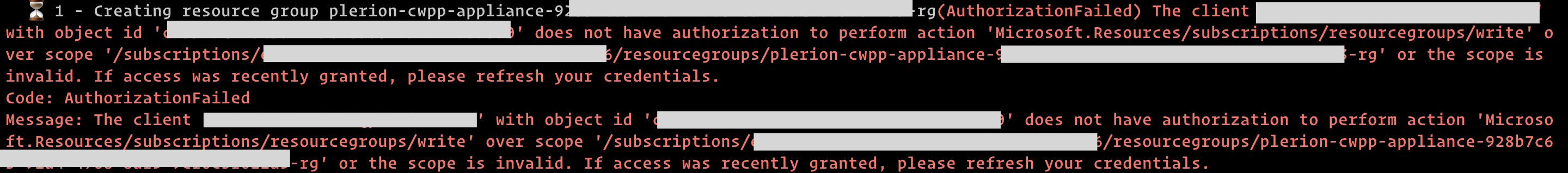 AuthorizationFailed Error when creating resource group for CWPP