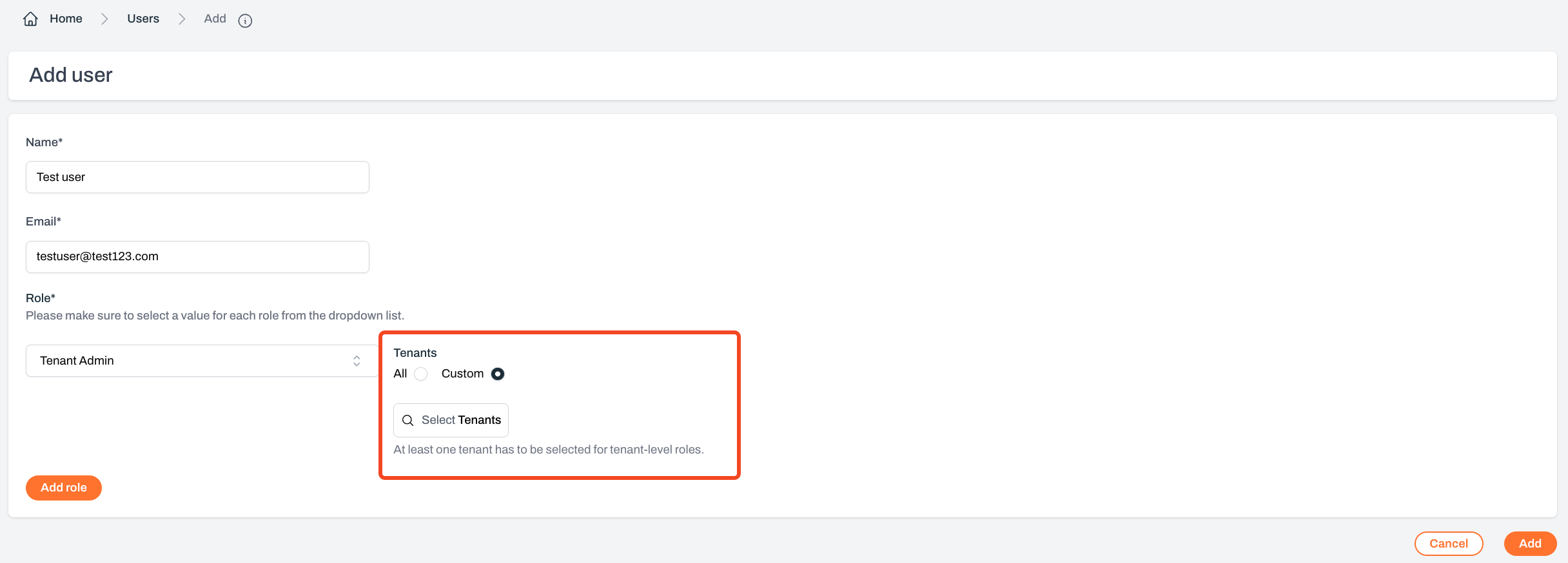 Tenant roles configuration