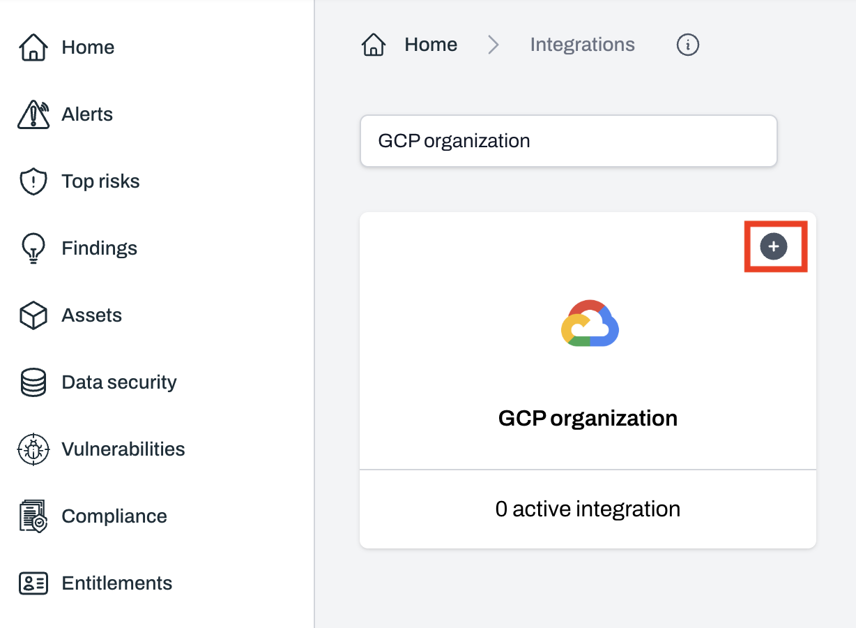 Integrations page with GCP organization option and plus button to add integration