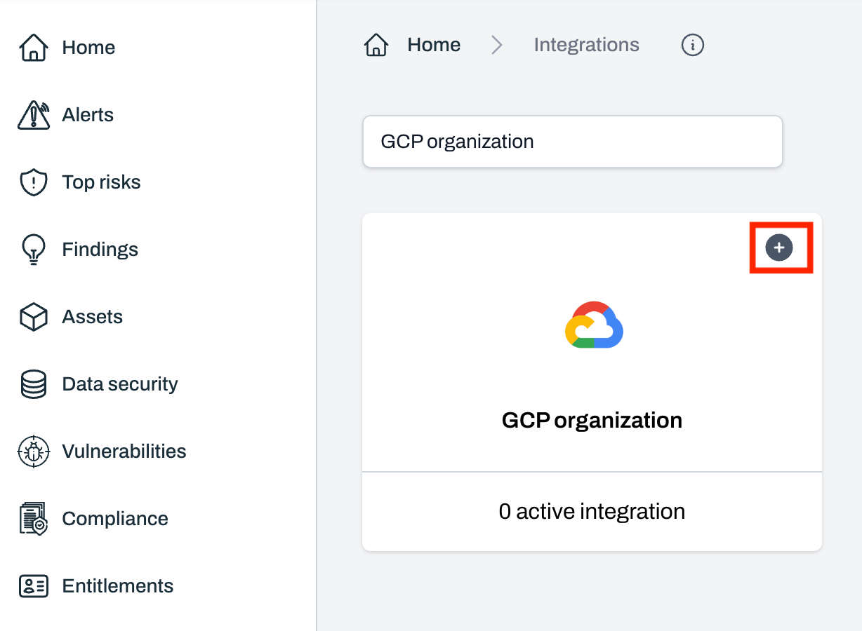 Integrations page with GCP organization option and plus button to add integration