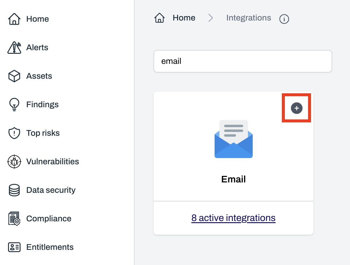 Integrations page with Email option and plus button to add integration