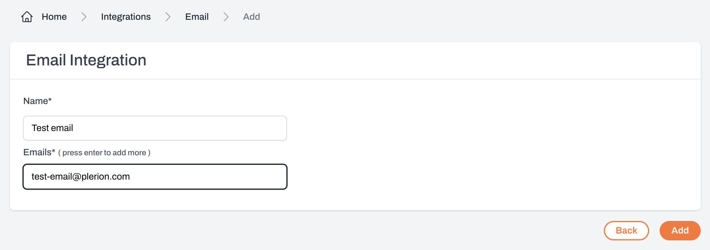 Connect Email page showing fields for integration name and Add button
