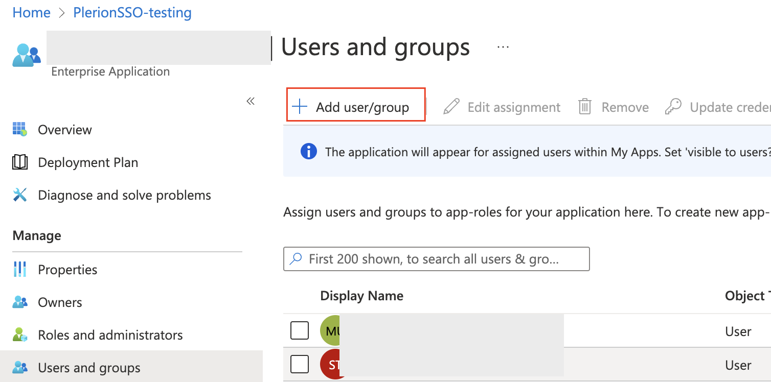 Azure AD user and group assignment page with role selection