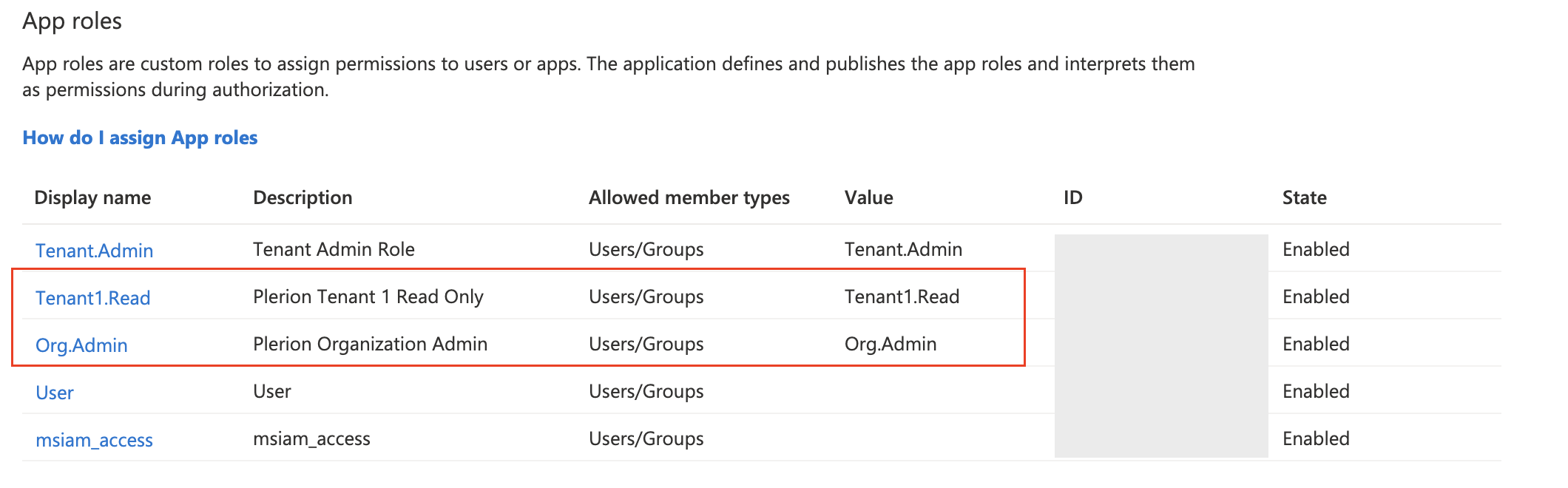 Azure AD app roles configuration with Org.Admin and Tenant1.Read