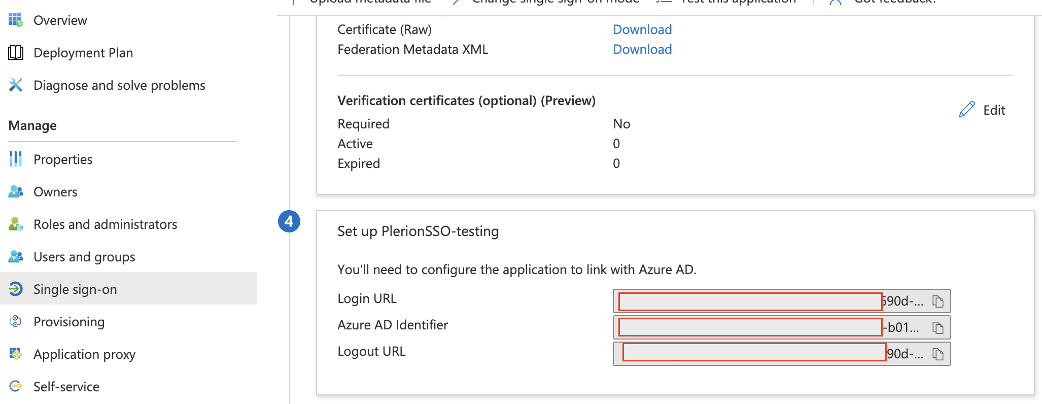 Azure AD SSO configuration showing certificate and identifiers