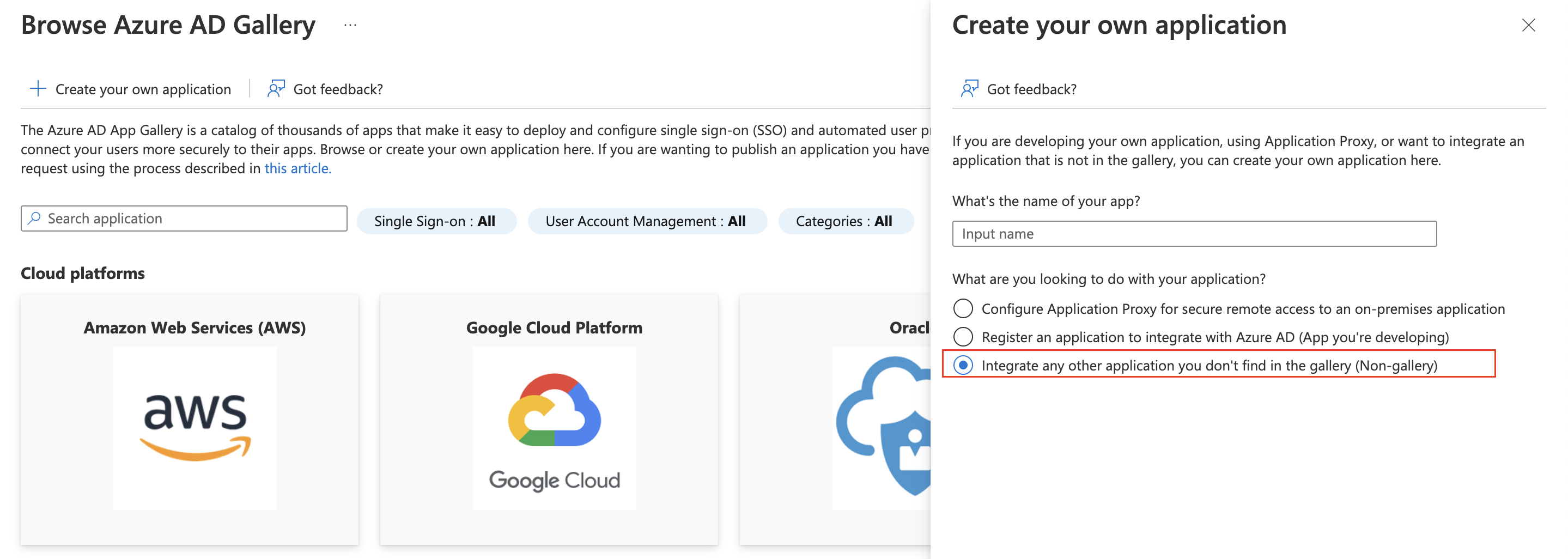 Azure AD Enterprise Applications showing option to create your own non-gallery application