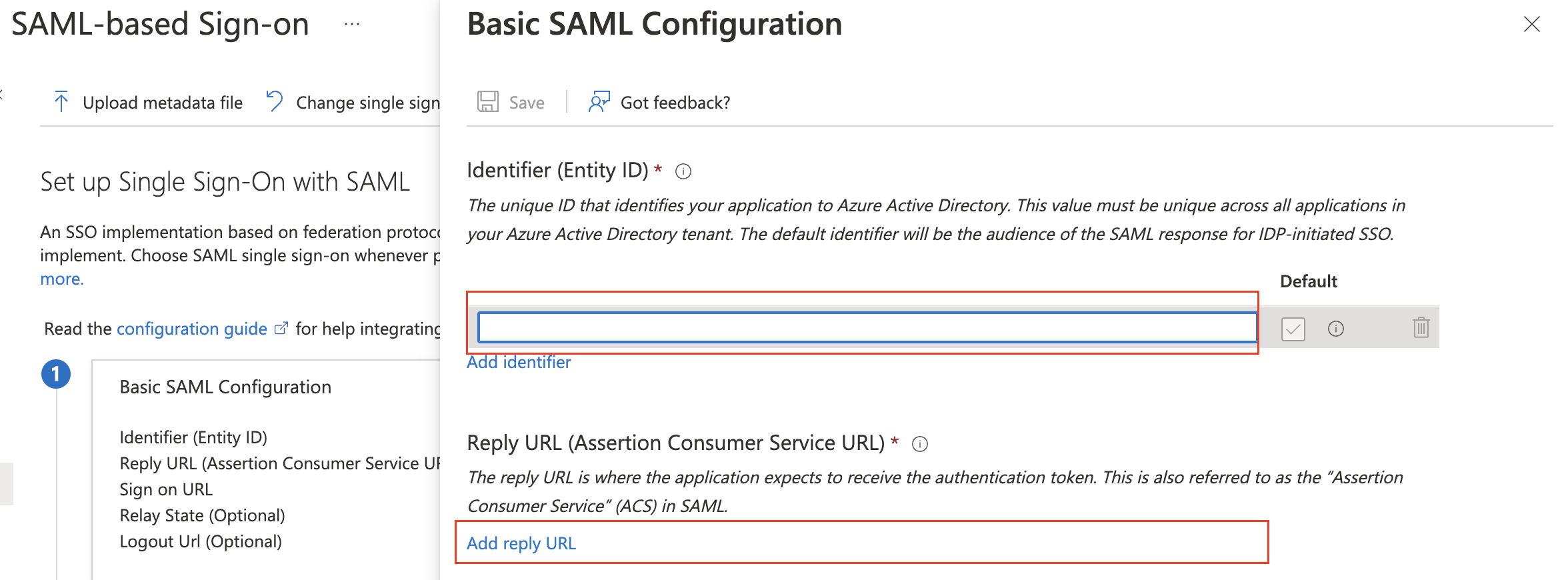 Azure AD SAML configuration screen with Entity ID and Reply URL fields