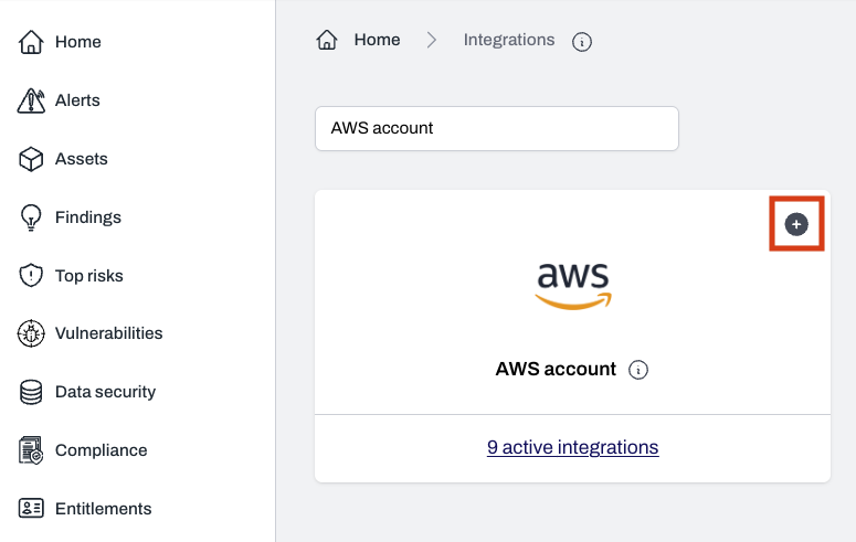 Integrations page with AWS account option and plus button to add integration
