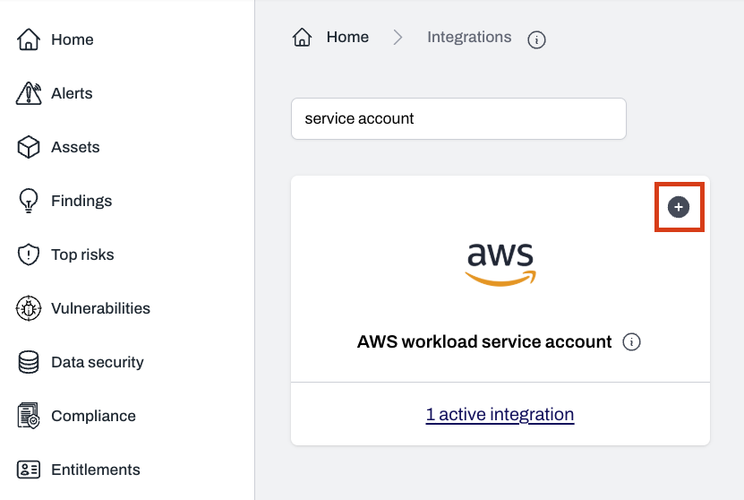 Integrations page with AWS service account account option and plus button to add integration