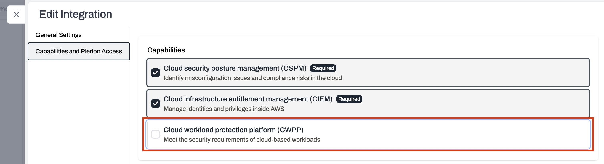 CWPP capability checkbox selected