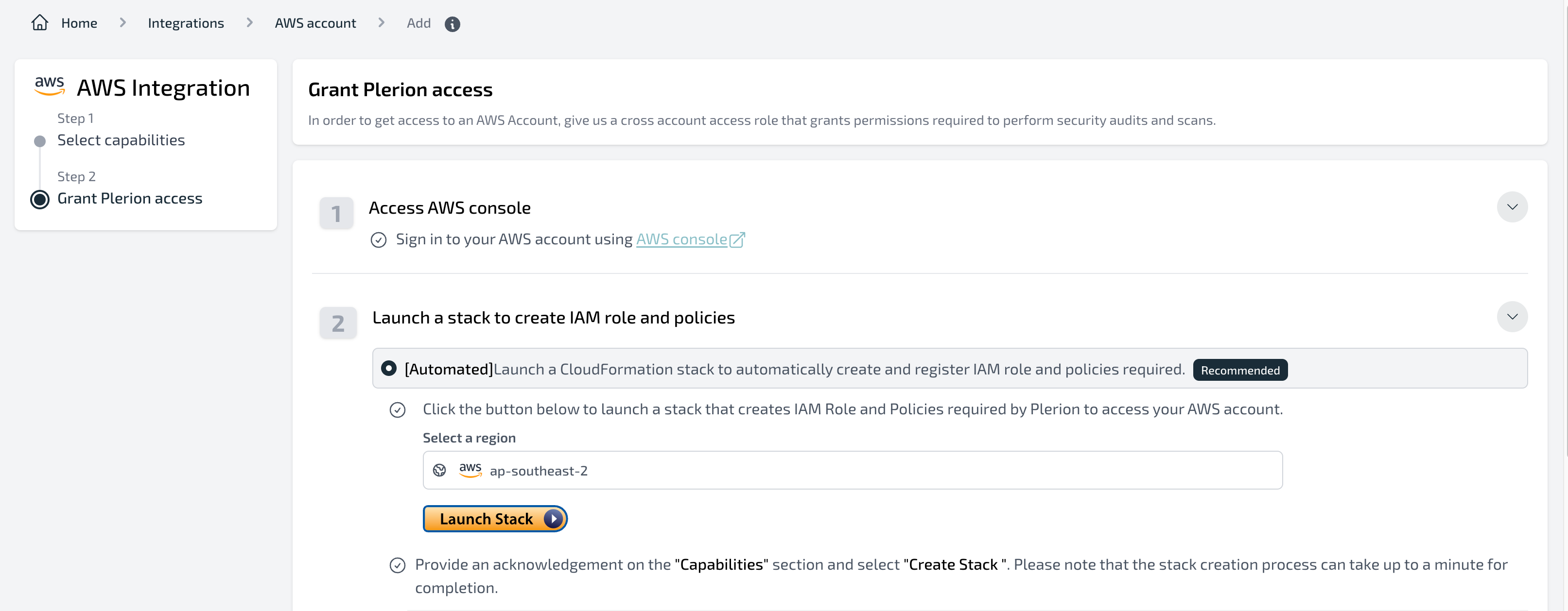 Plerion page with Automated mode for integrating an AWS account