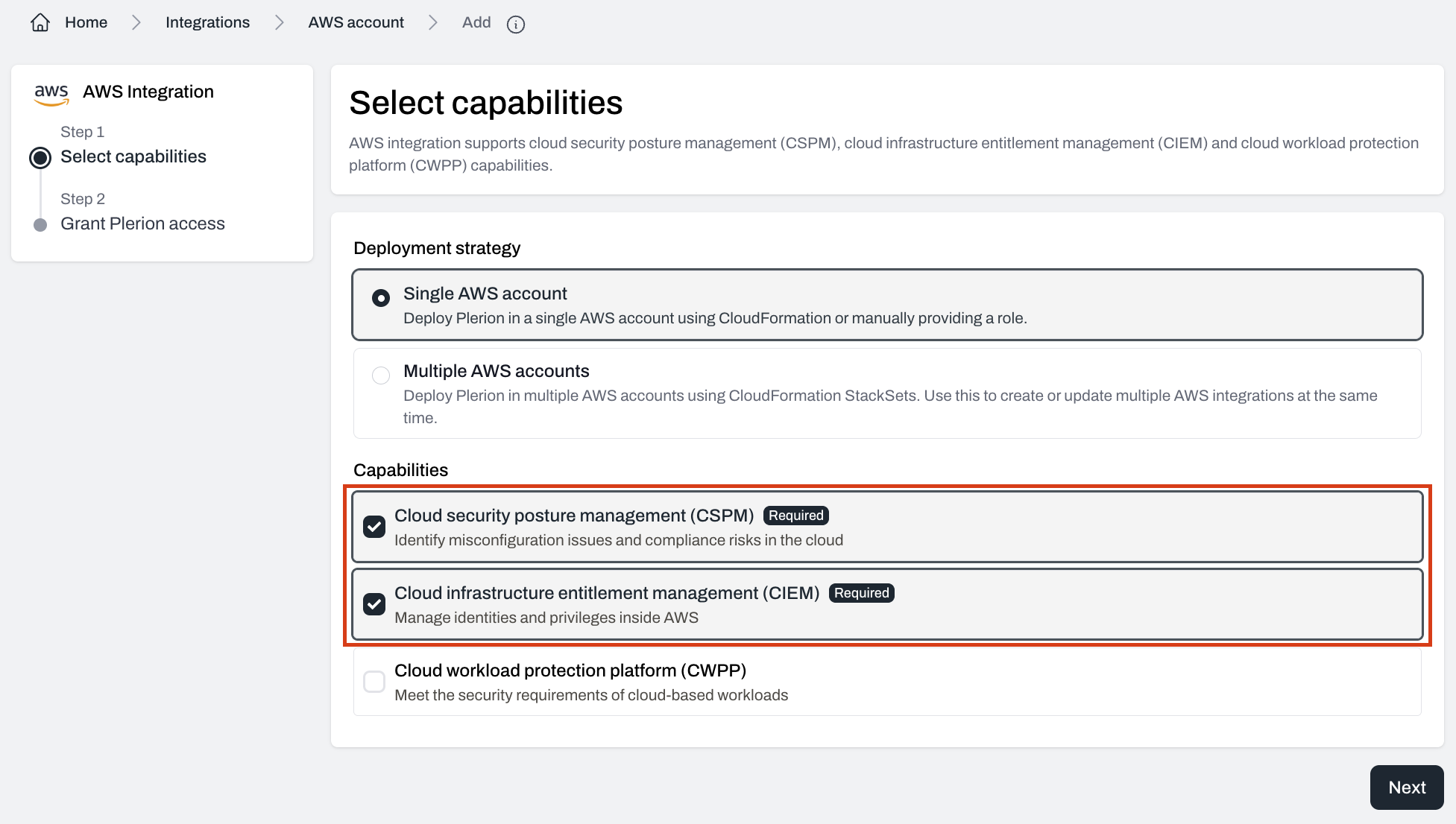 Capability selection screen showing CSPM and CIEM selected