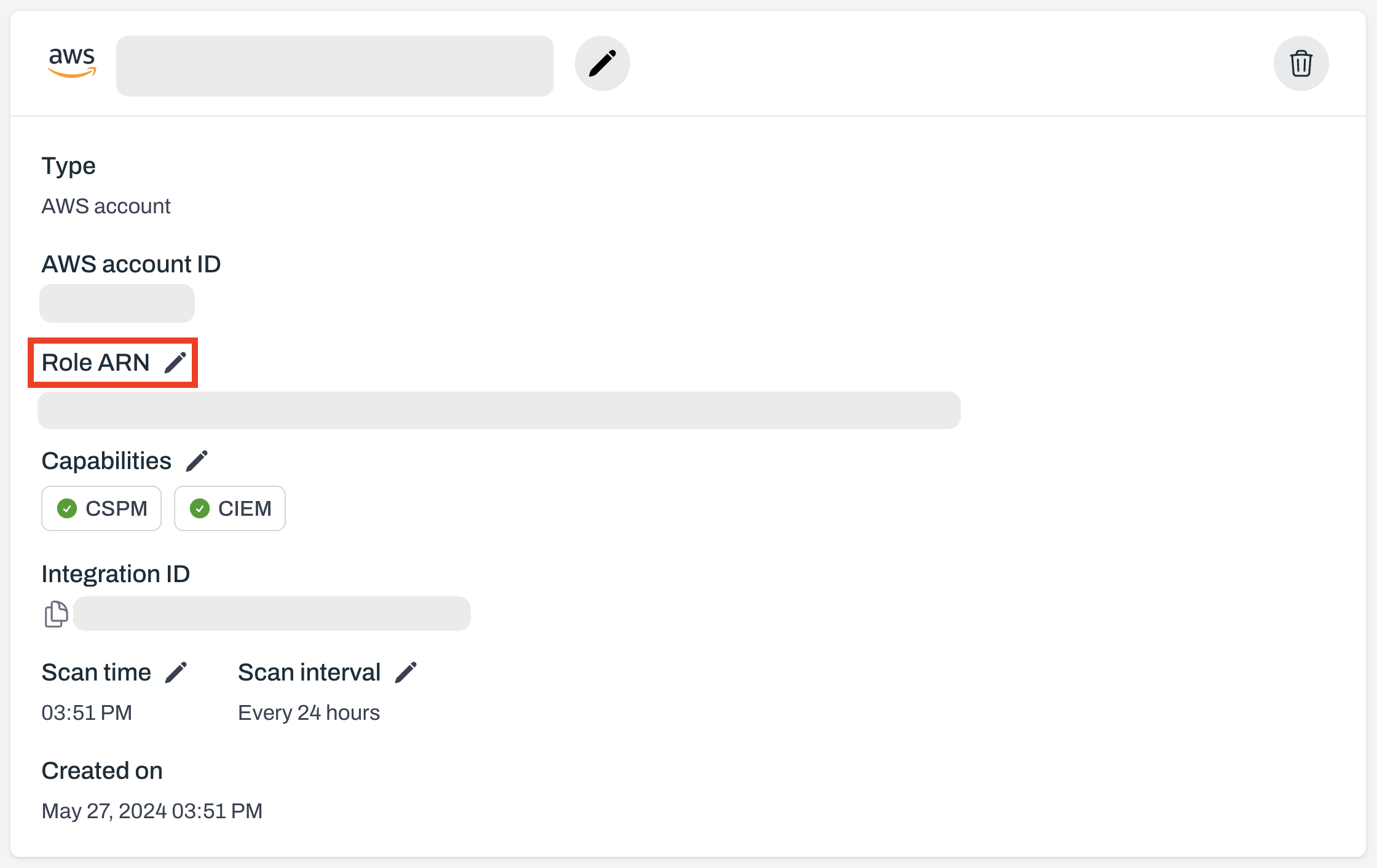 Integrated AWS account with Role ARN highlighted