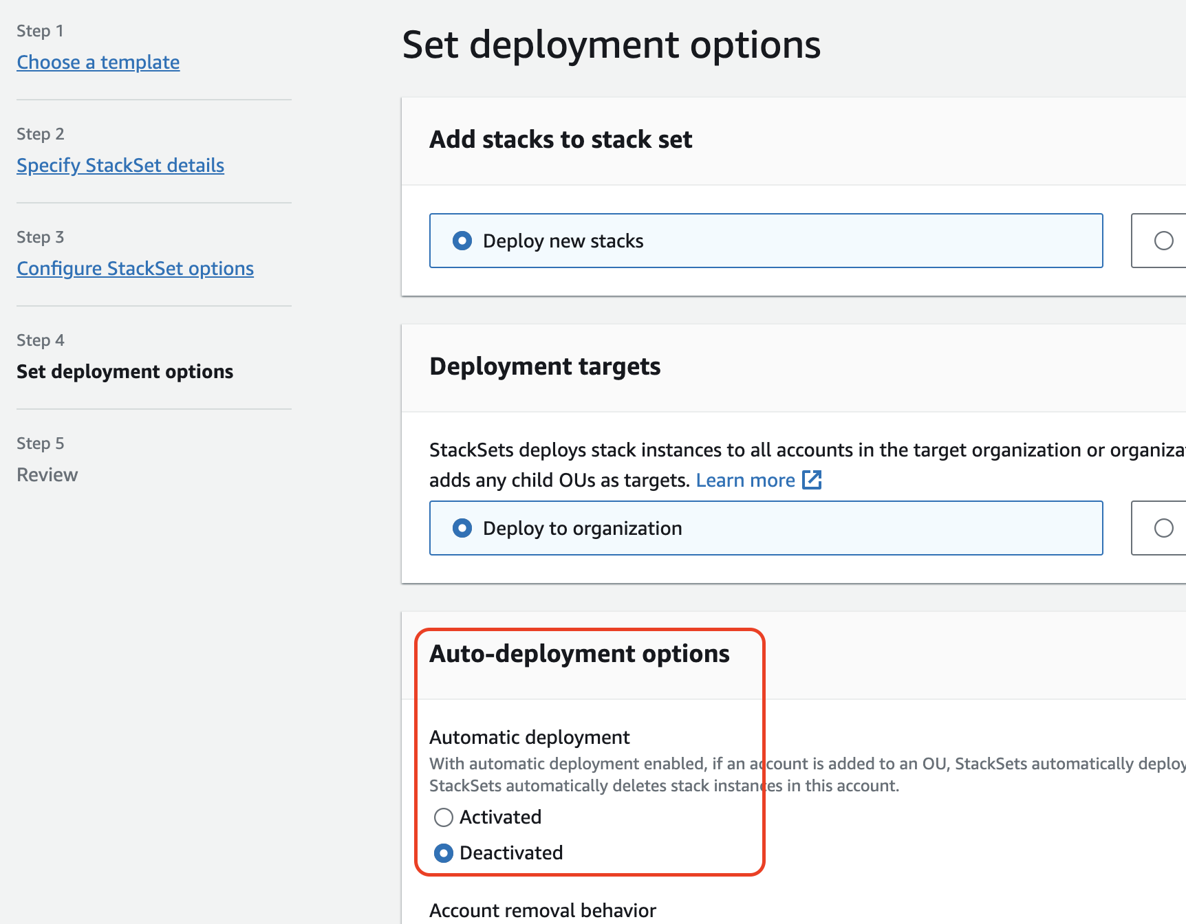 Automatic deployment option set to Deactivated