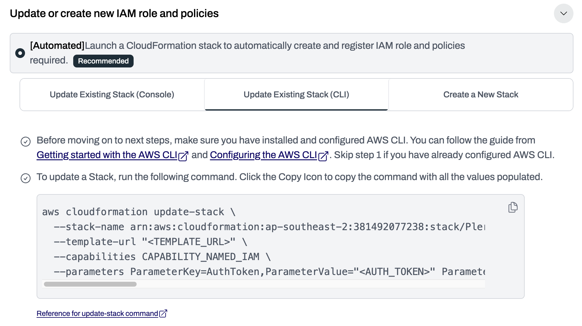 Updating the existing stack using the CLI command