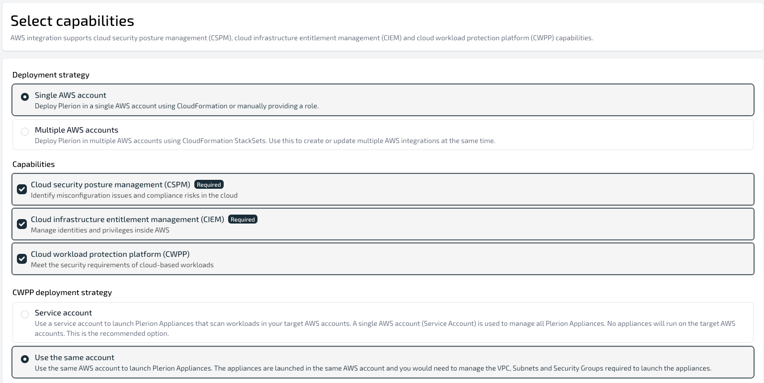 CWPP capability selected on AWS Add Integration screen