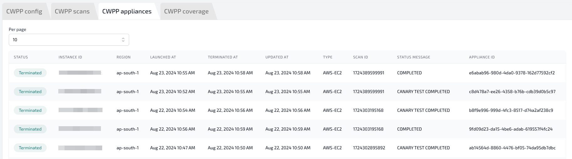 Integration information page showing appliance details