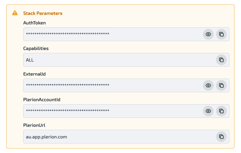 Stack Parameters box with AuthToken value