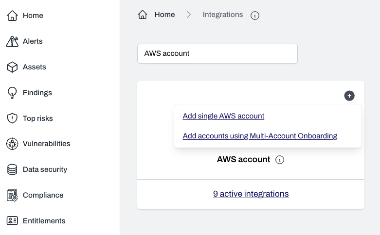 Integrations page with AWS account option, with the single account option or multi-account option