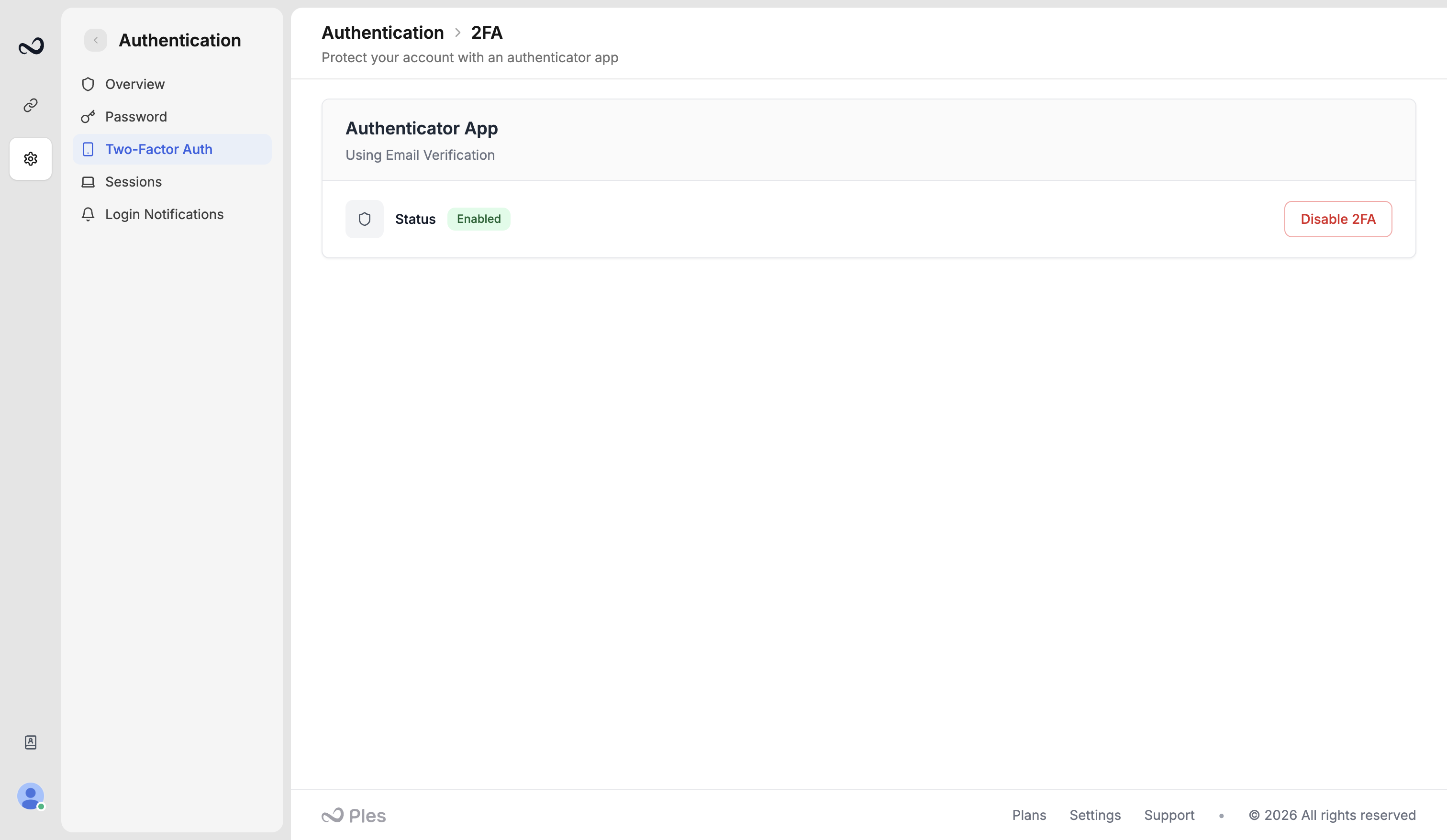 Ples Two-Factor Authentication settings with Enable 2FA and authenticator status