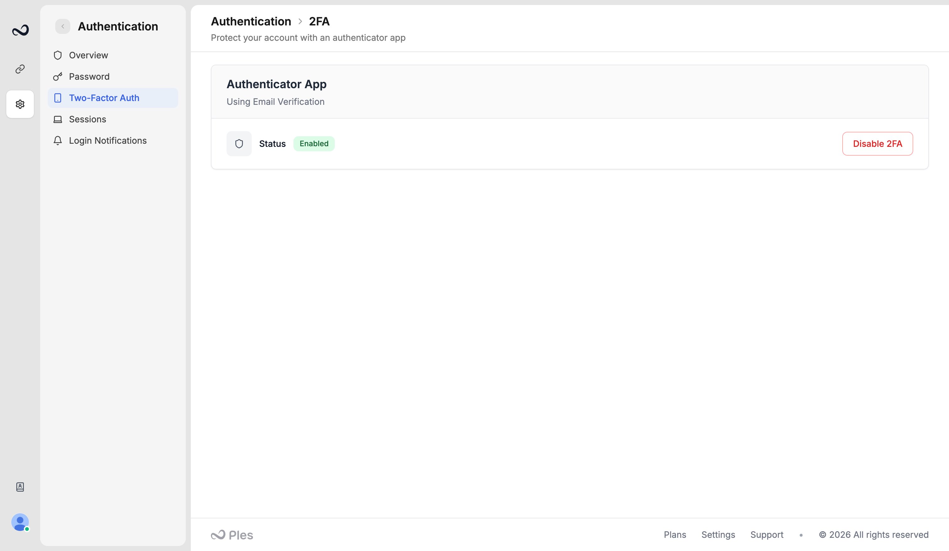 Ples Two-Factor Authentication settings with Enable 2FA and authenticator status