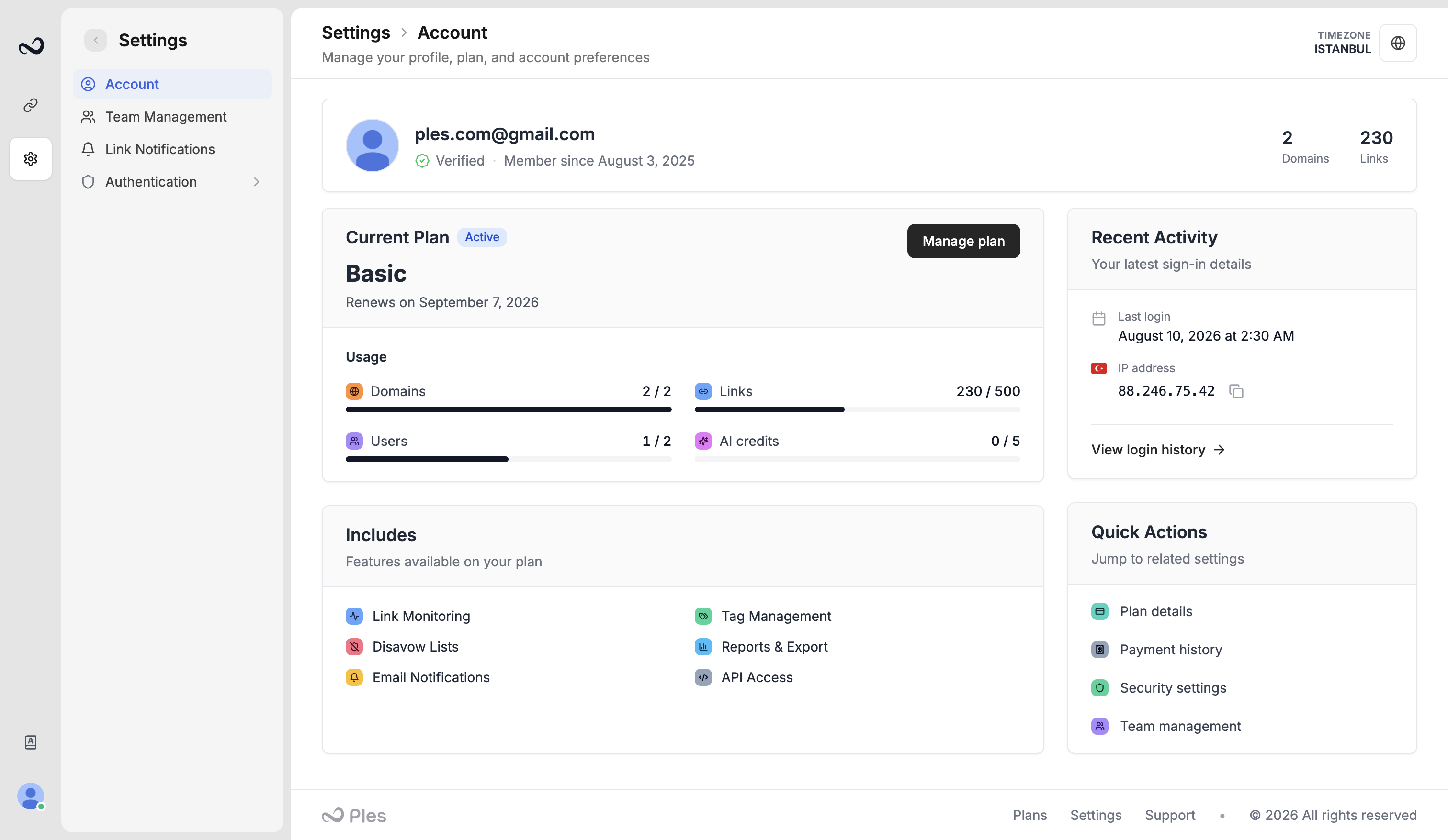 Ples Account settings with timezone, usage bars, password, and avatar