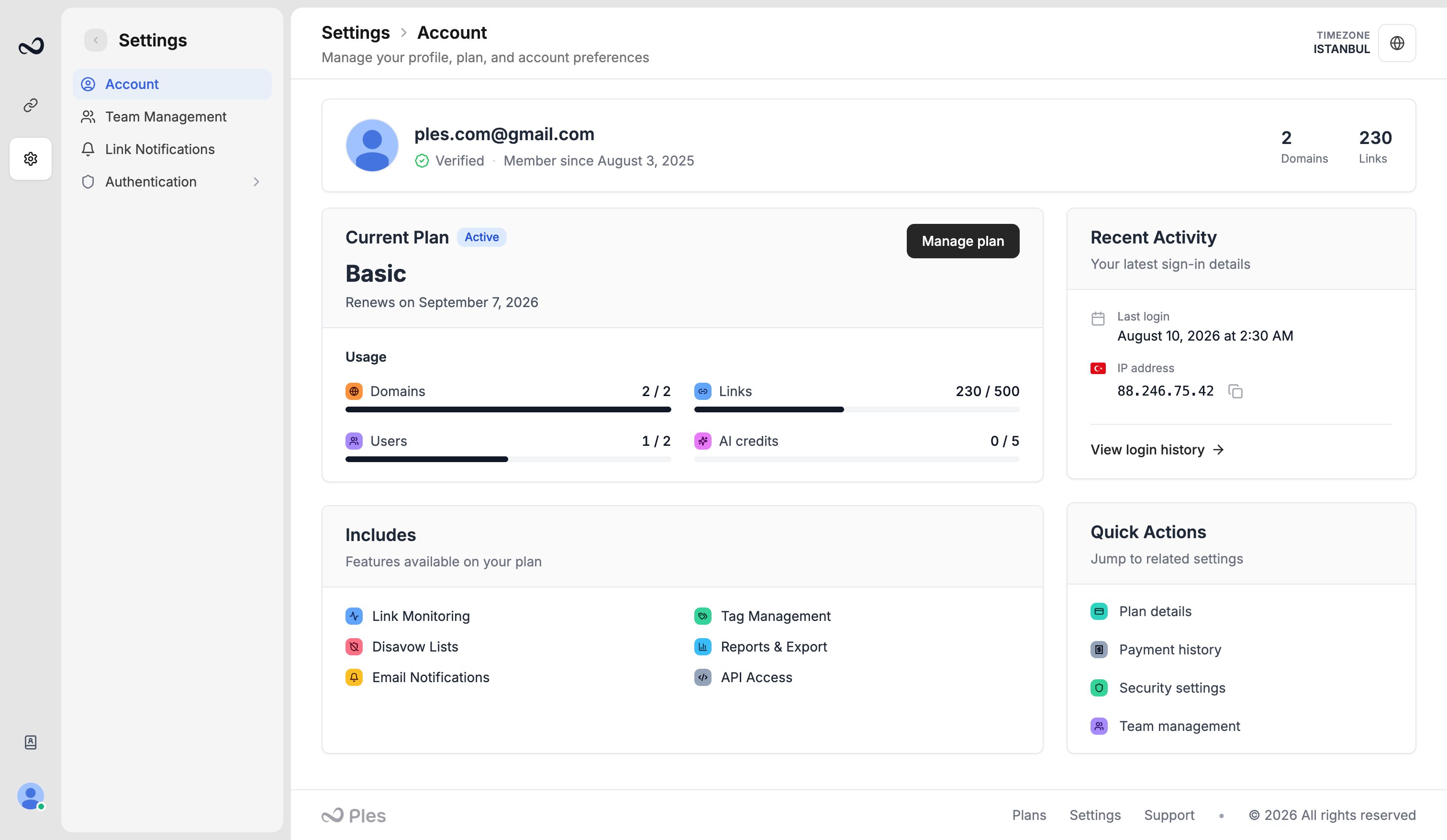 Ples Account settings with timezone, usage bars, password, and avatar