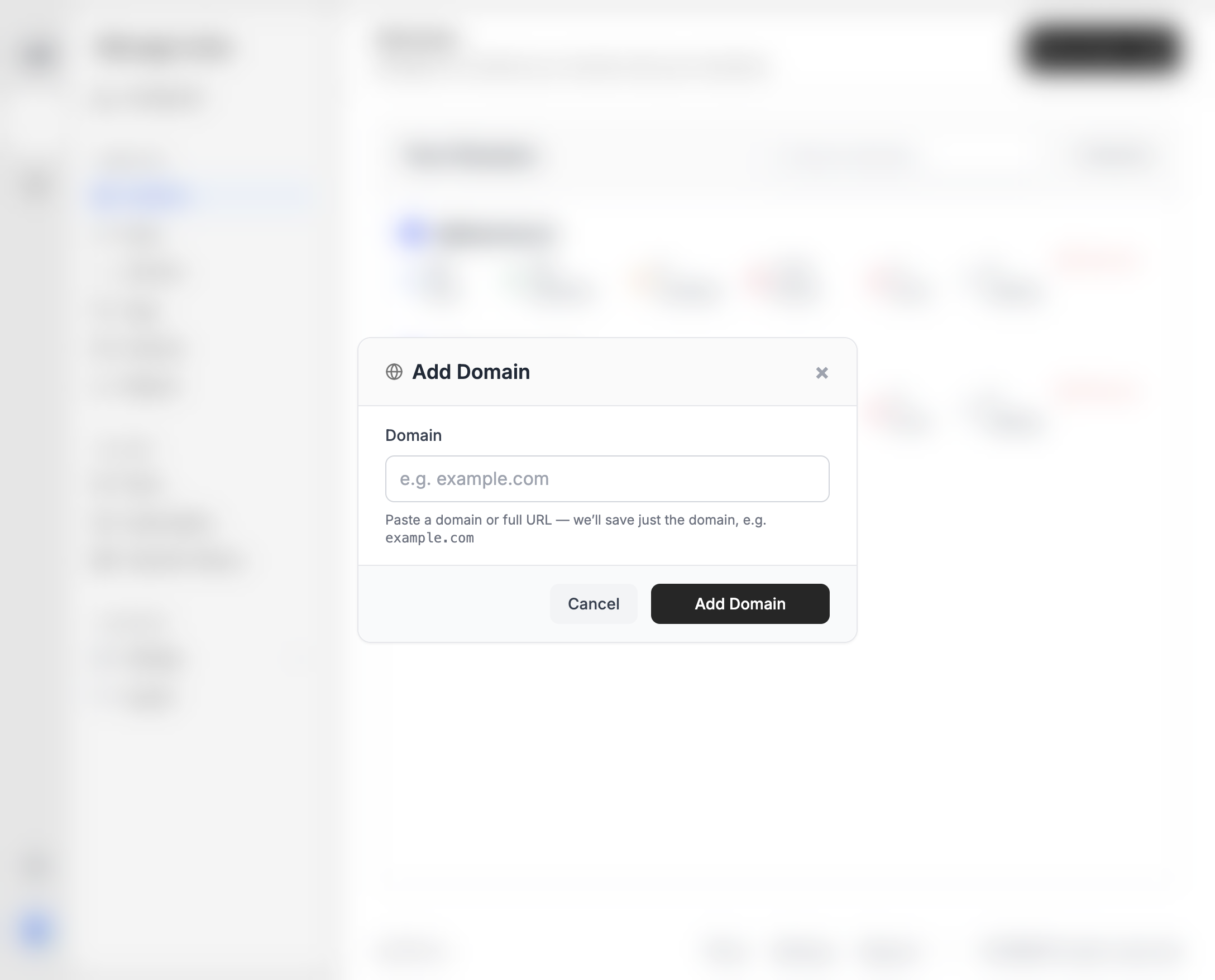 Add Domain modal with a domain field and Add Domain button