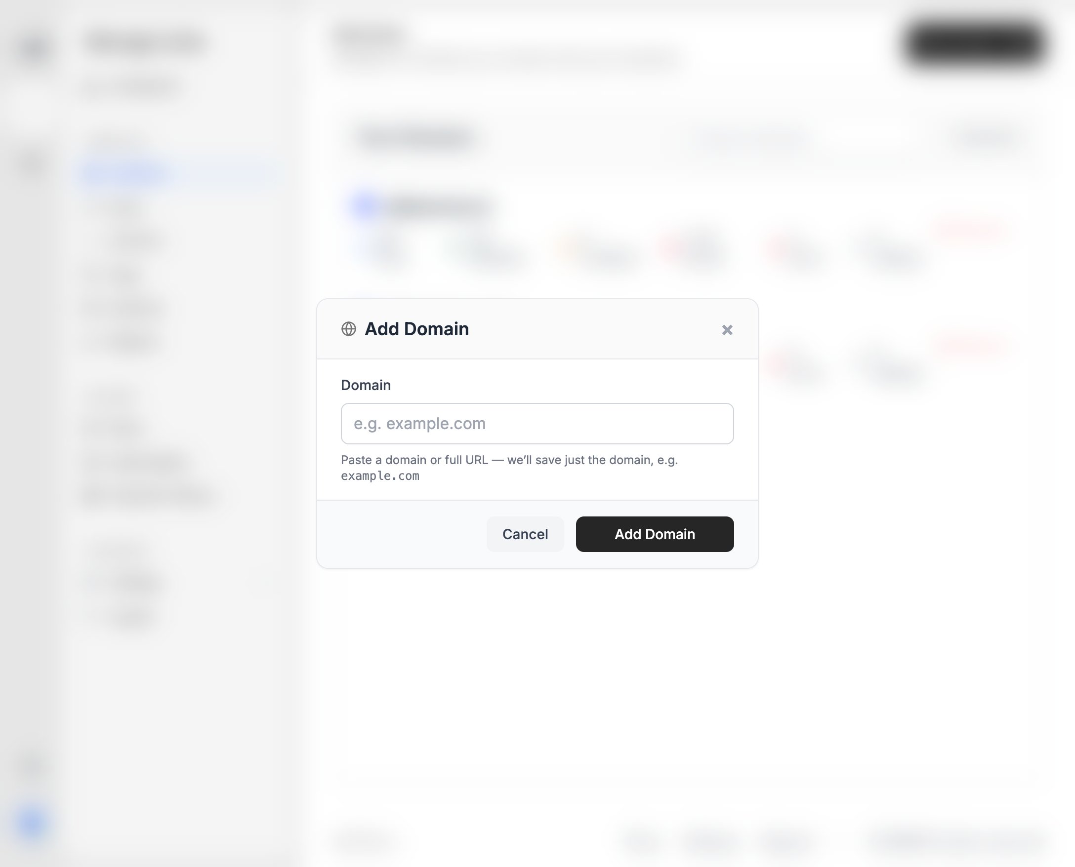 Add Domain modal with a domain field and Add Domain button