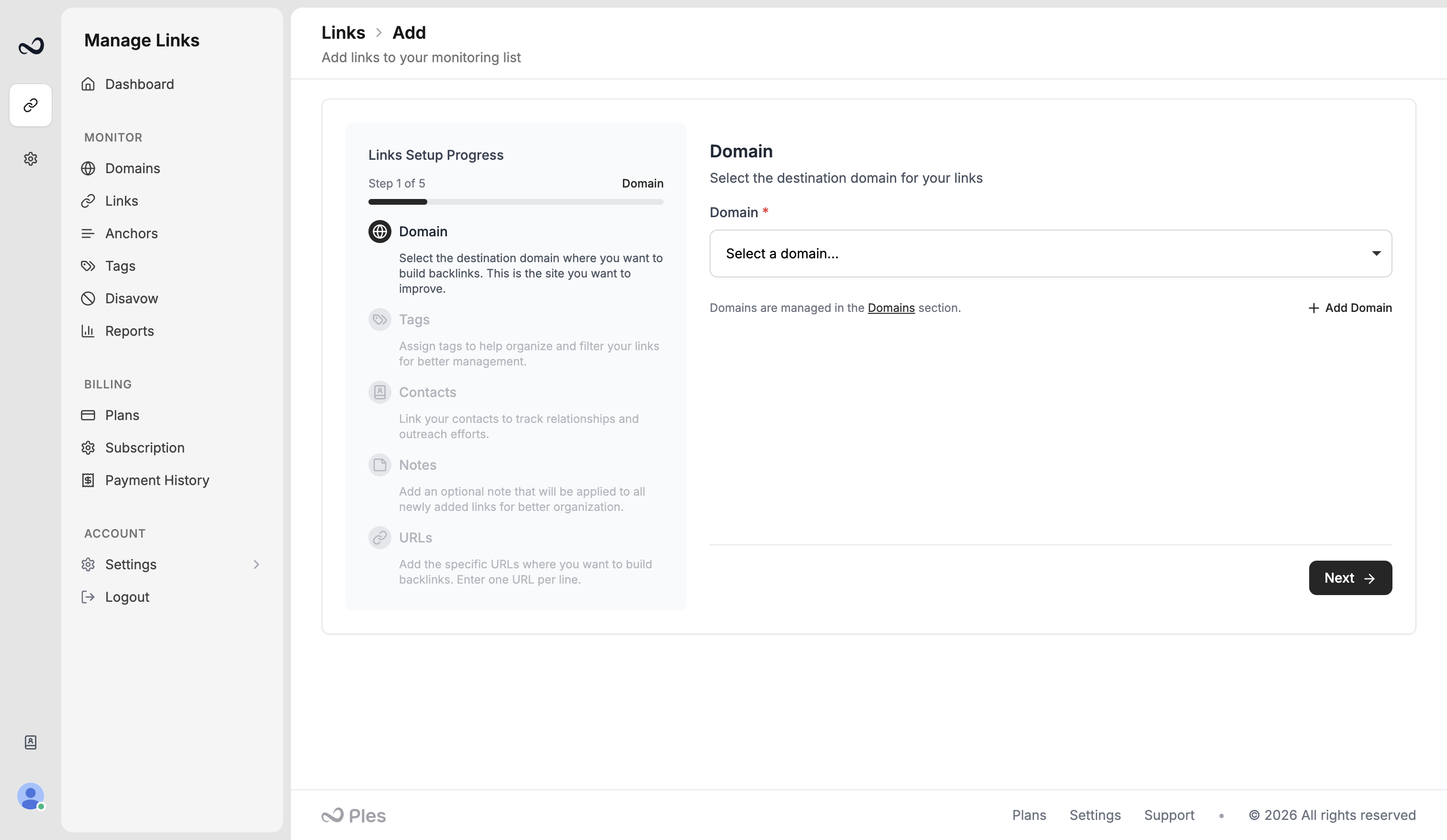 Add links wizard showing domain, tags, contacts, notes, and URL steps