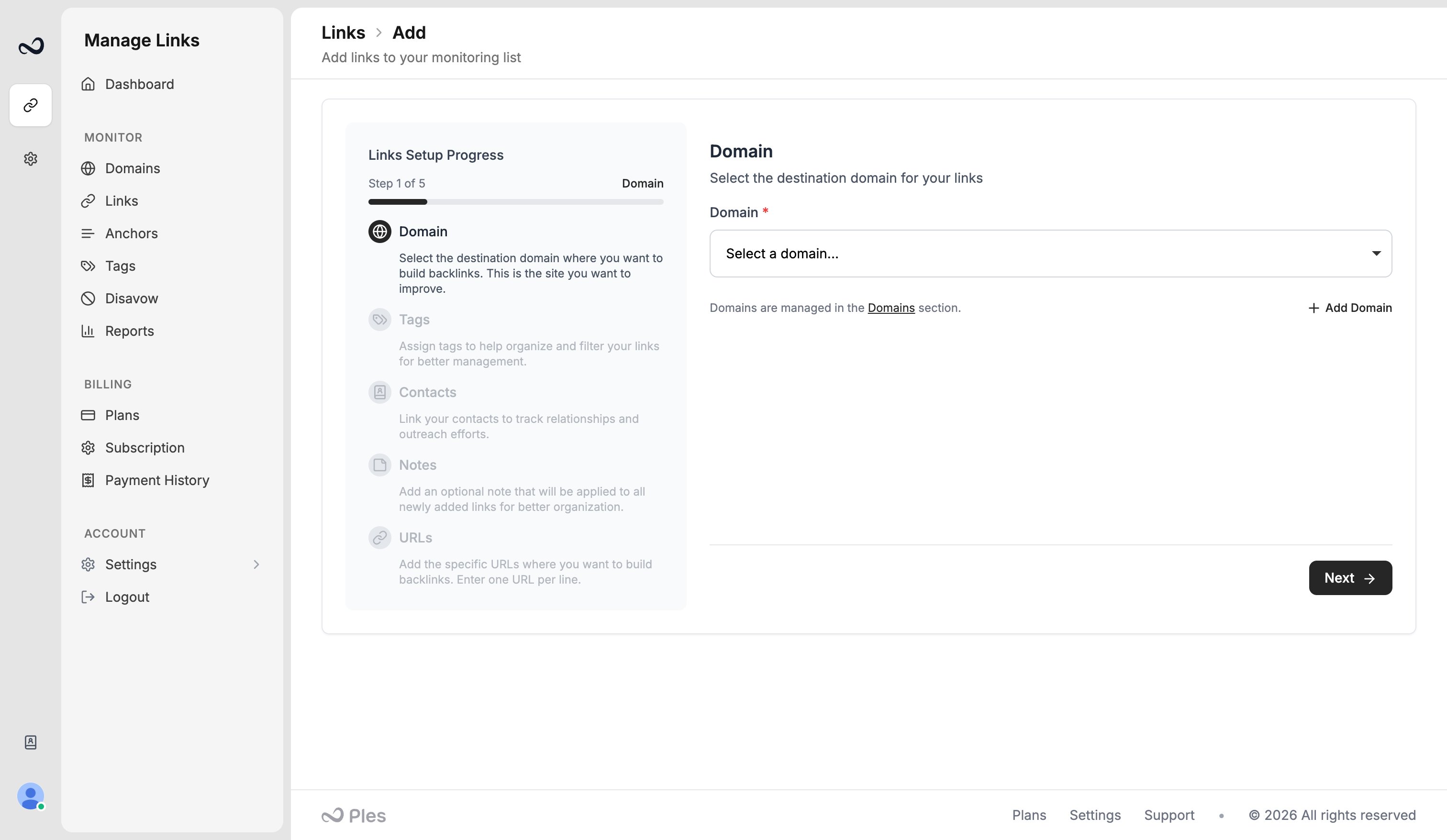 Add links wizard showing domain, tags, contacts, notes, and URL steps