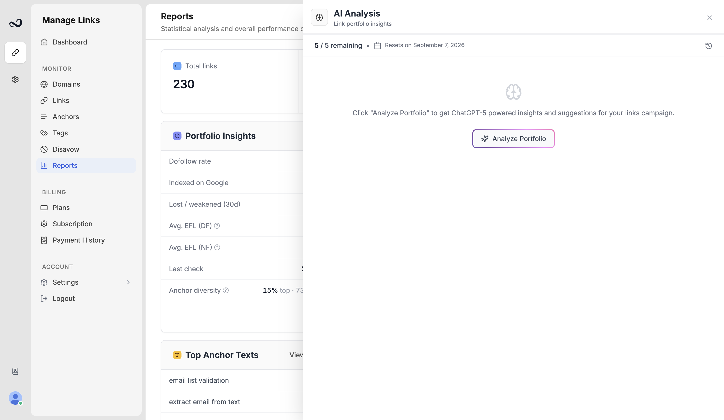 Ples Reports Analyze Portfolio button and AI insights panel