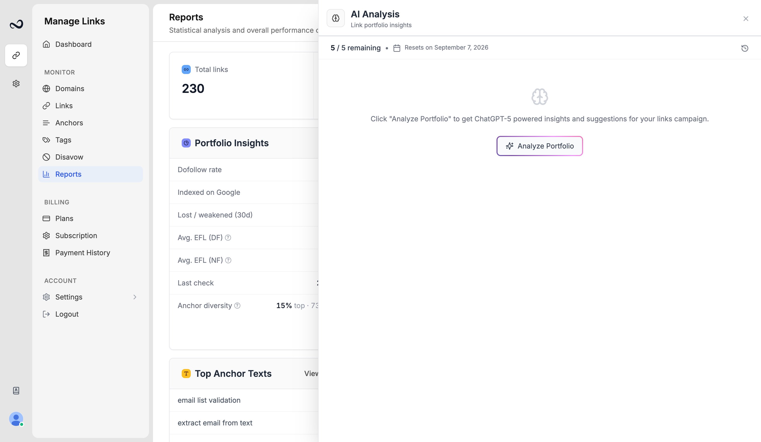 Ples Reports Analyze Portfolio button and AI insights panel