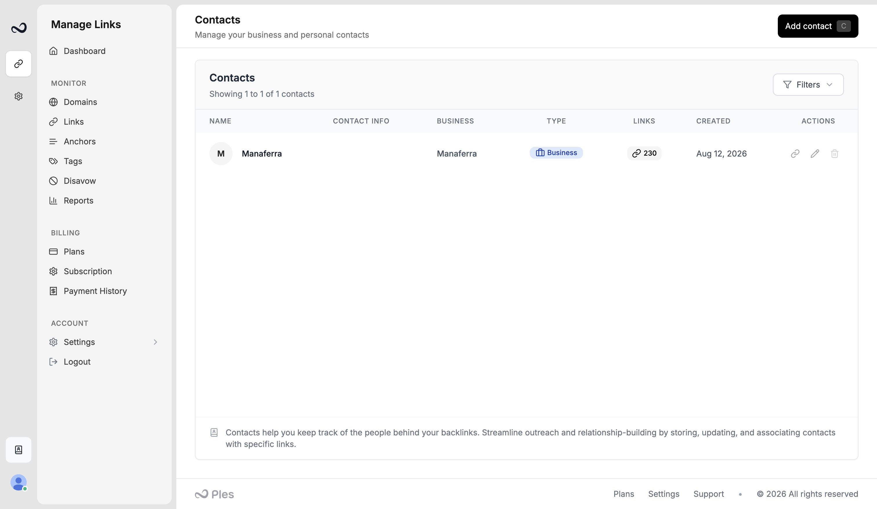 Contacts page with names, emails, business, and Add contact