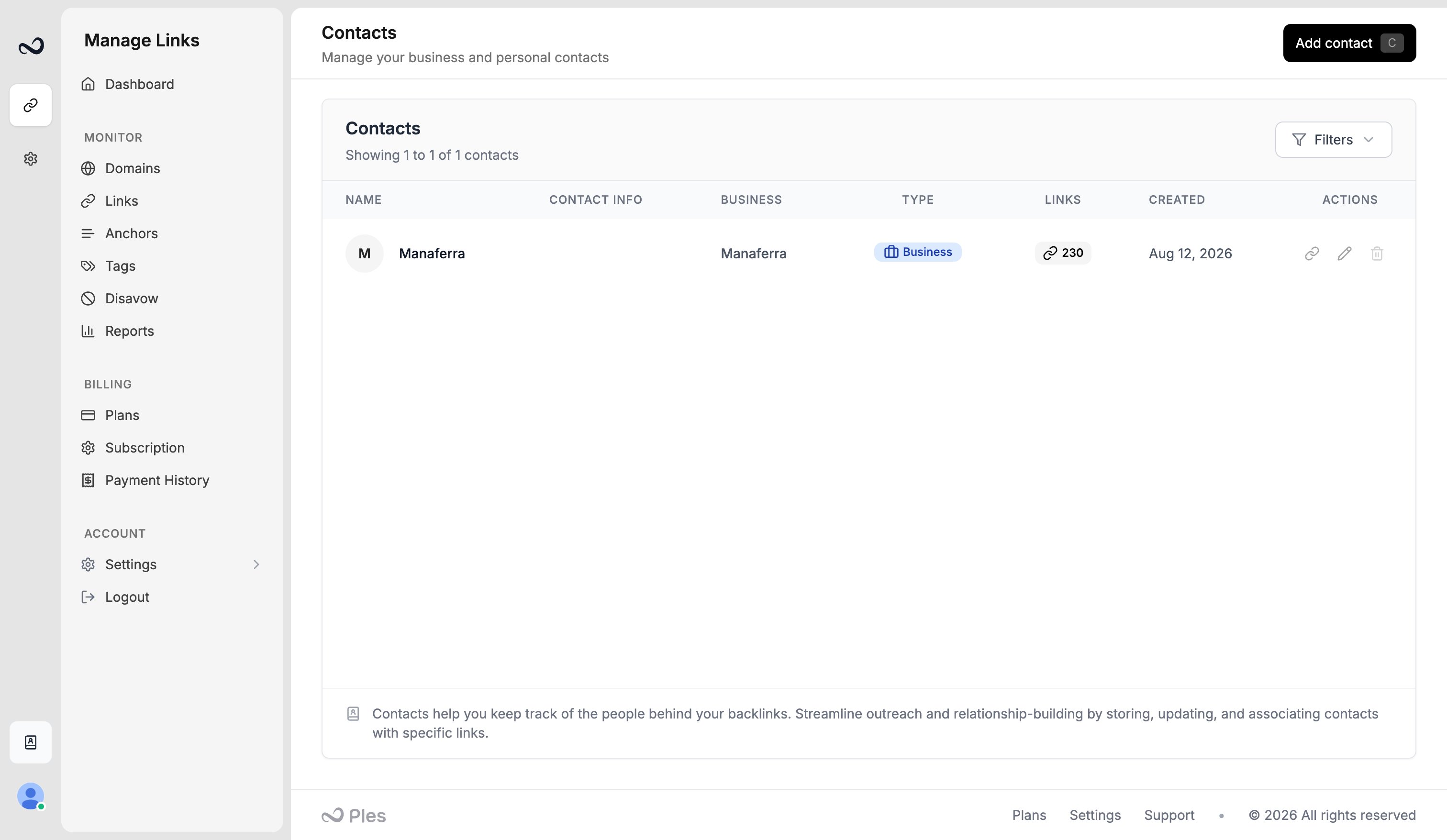 Contacts page with names, emails, business, and Add contact