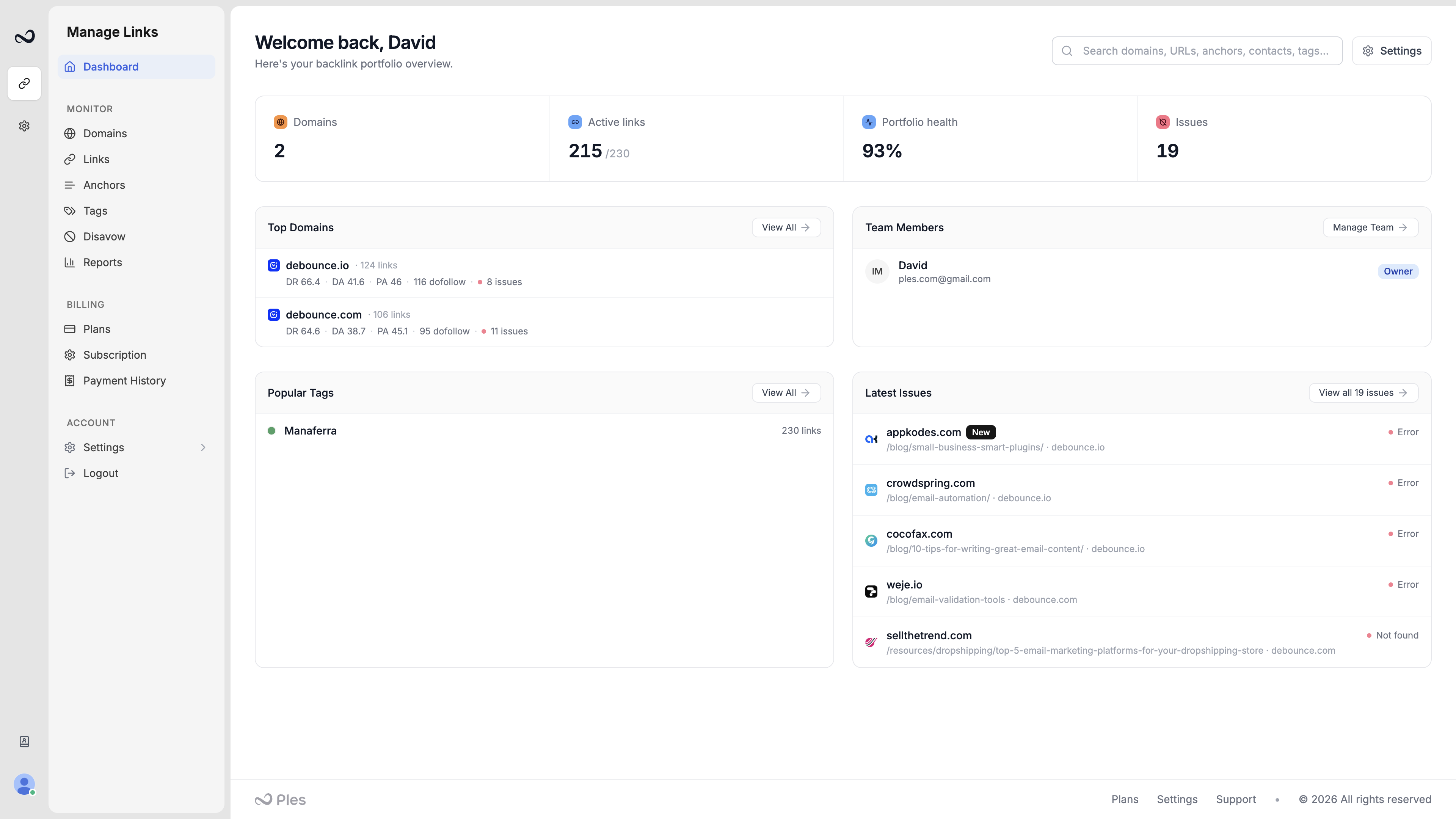 Ples dashboard with domain count, active links, portfolio health, and latest issues
