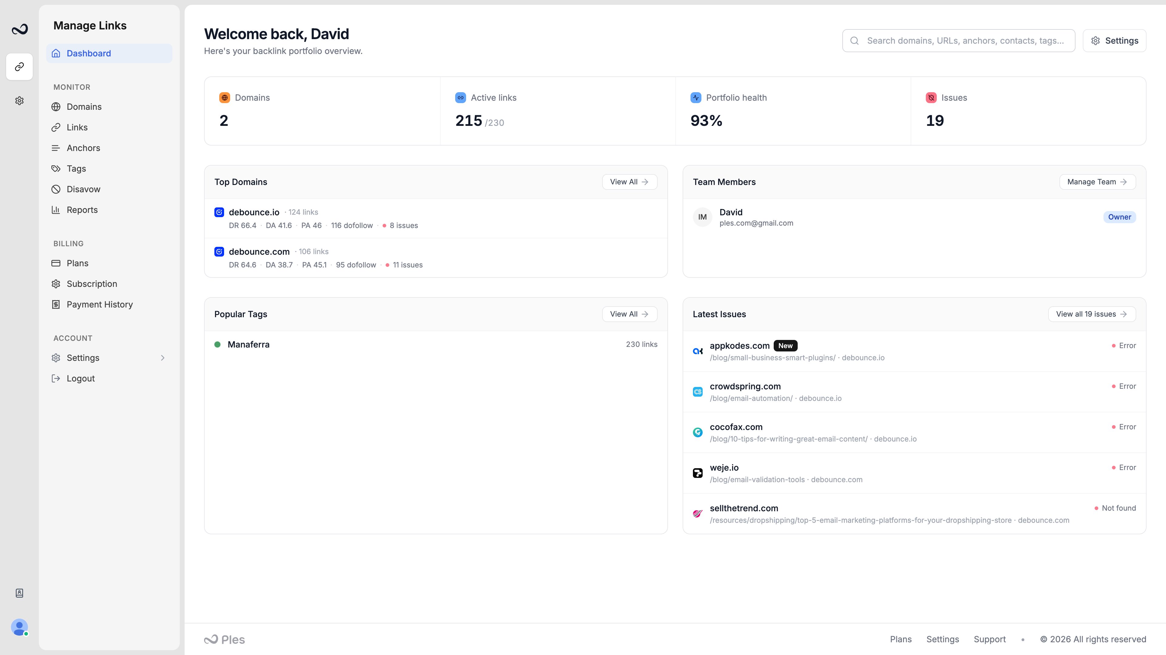 Ples dashboard with domain count, active links, portfolio health, and latest issues