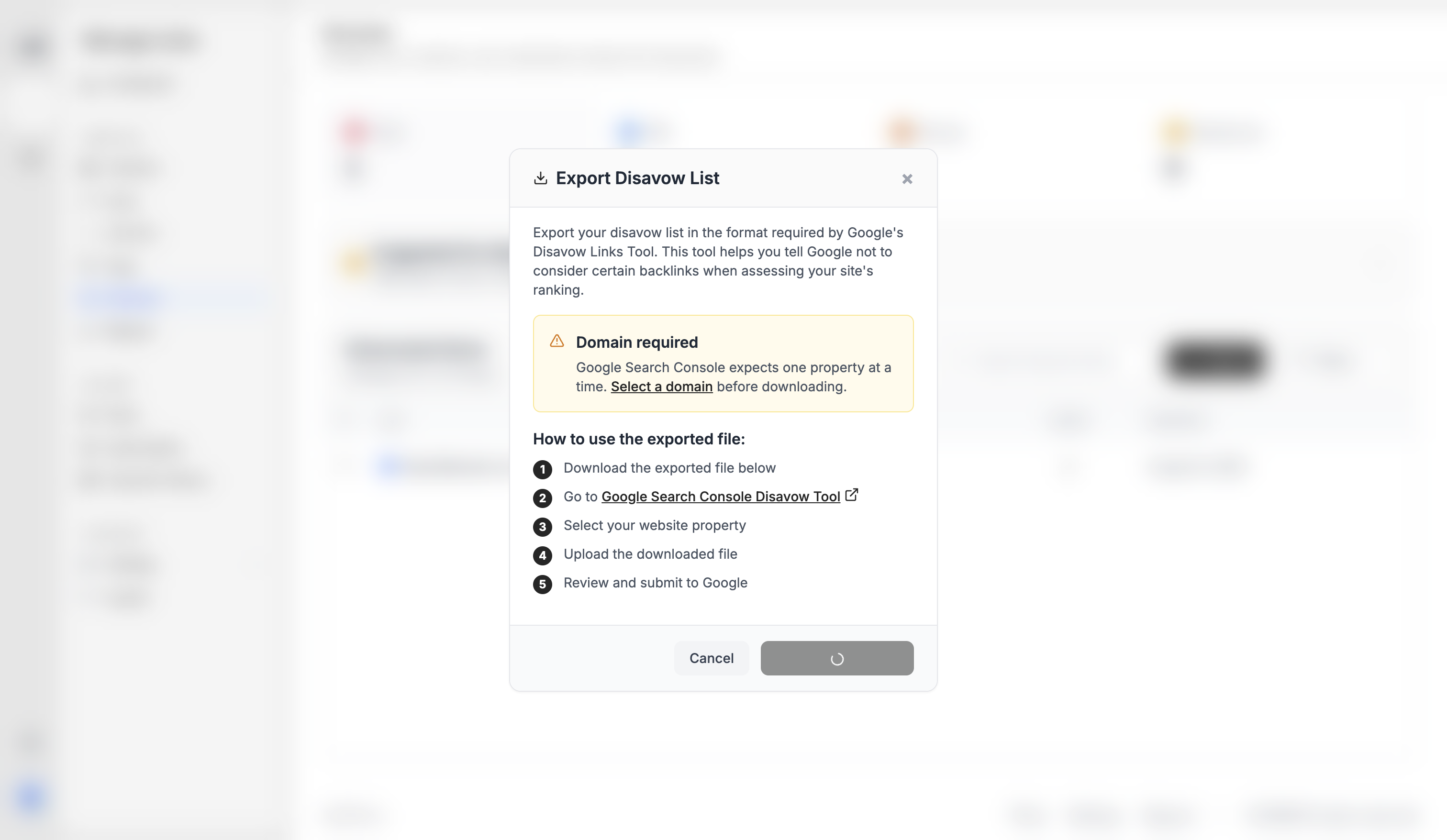 Ples Export Disavow List modal with domain selected and Cloudflare Turnstile