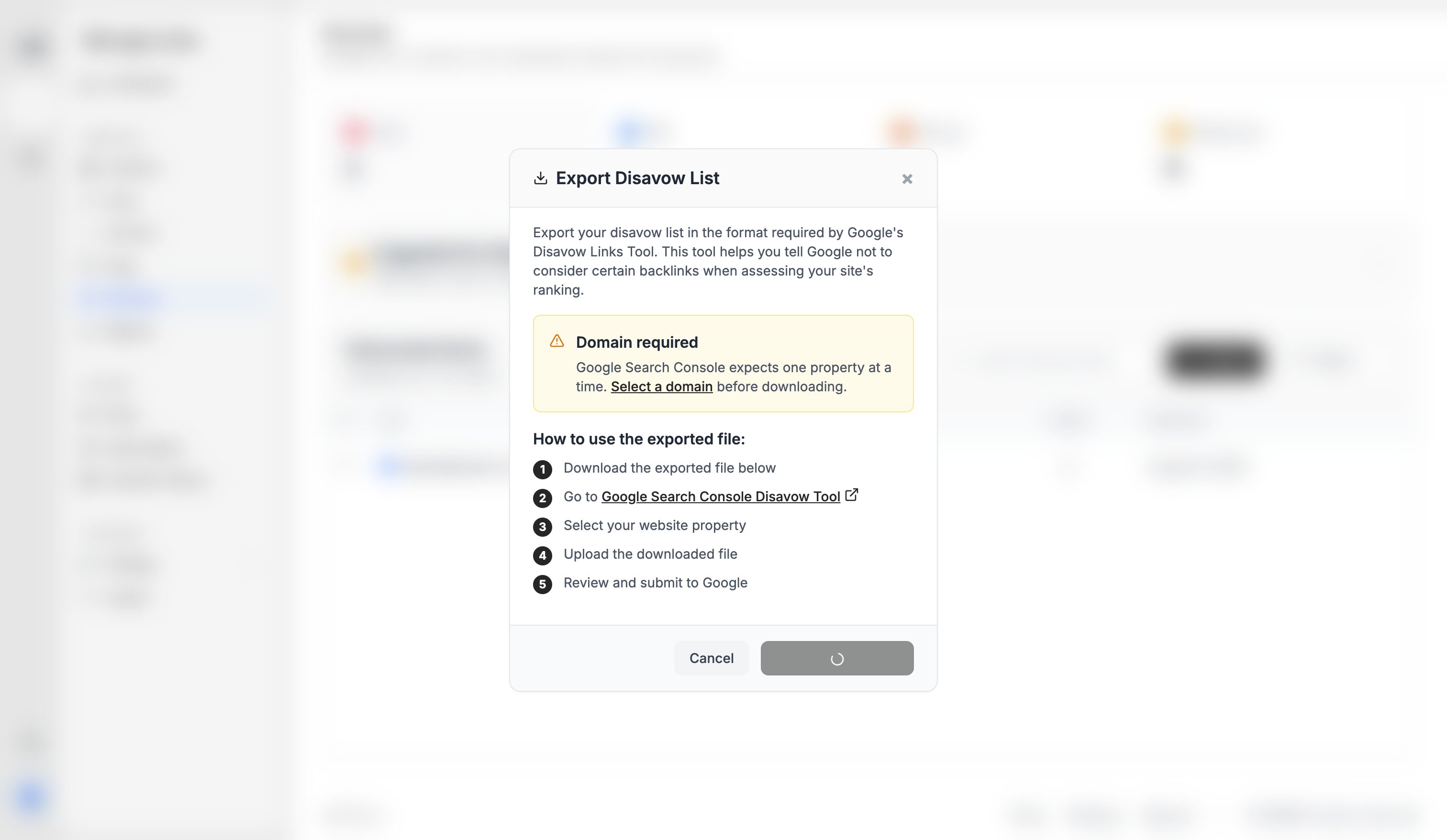 Ples Export Disavow List modal with domain selected and Cloudflare Turnstile