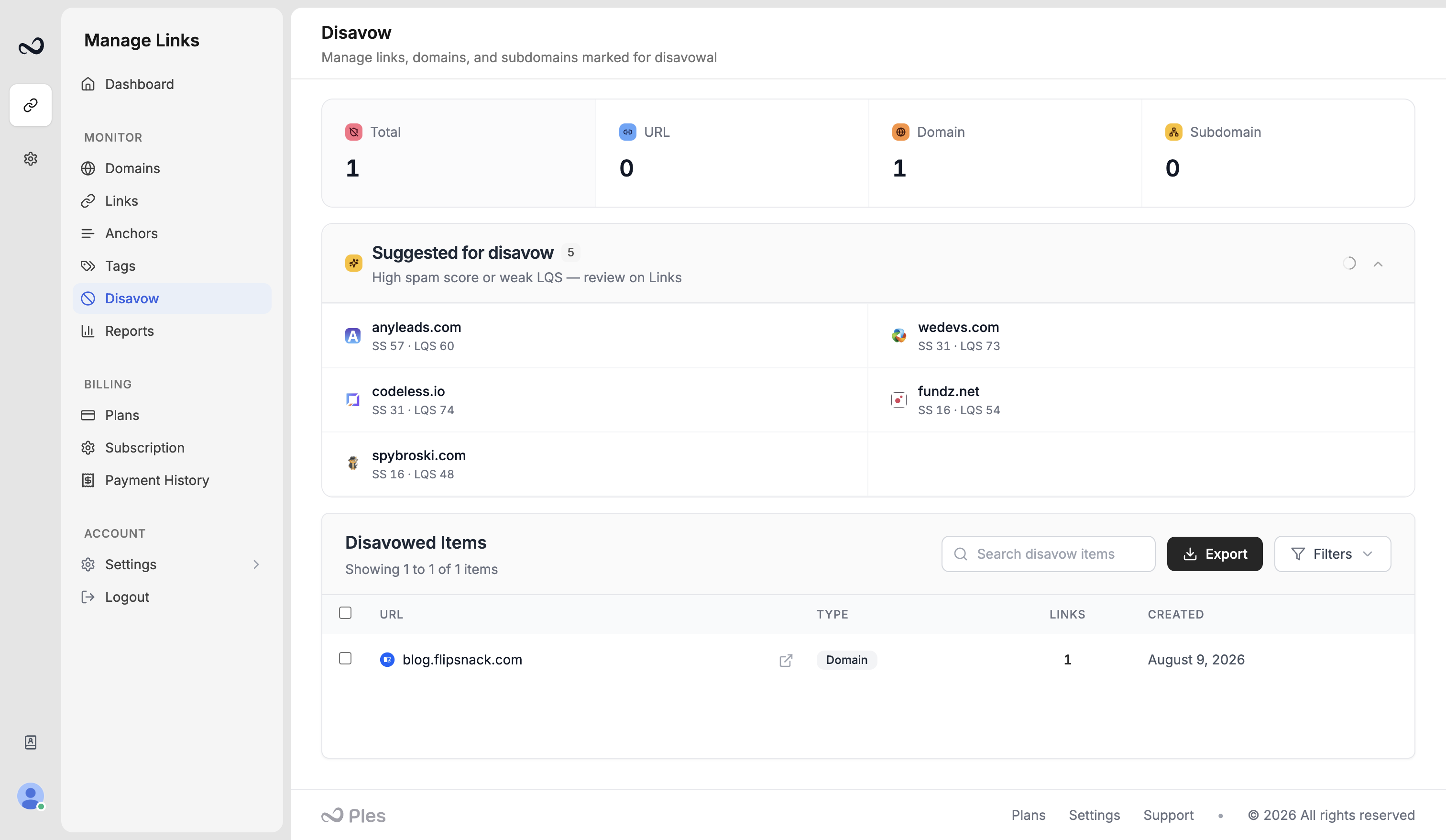 Ples Disavow page with list items, type filters, and export button